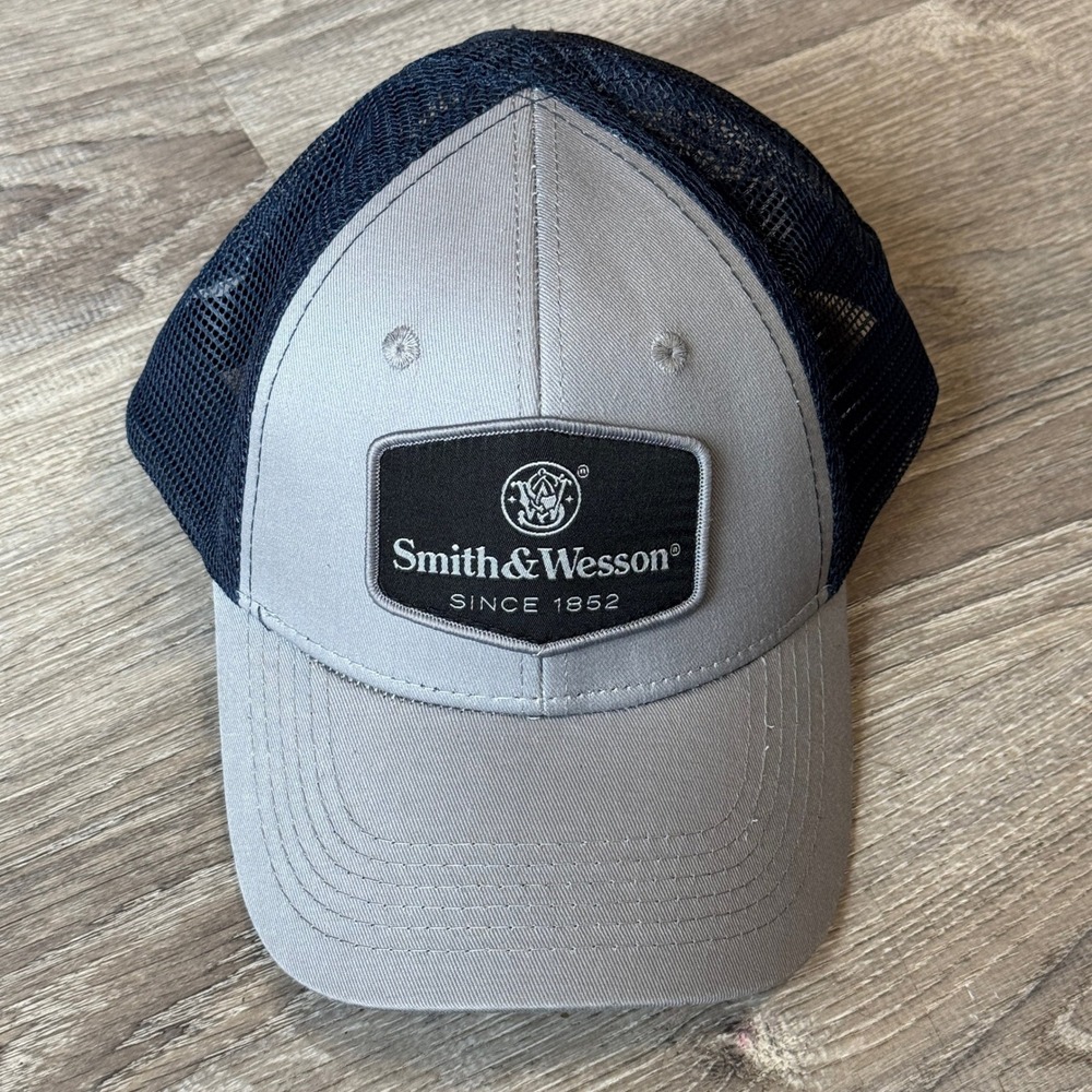 Smith & Wesson Grey Navy Blue Mesh Back Trucker Hat Adjustable Snapback Cap